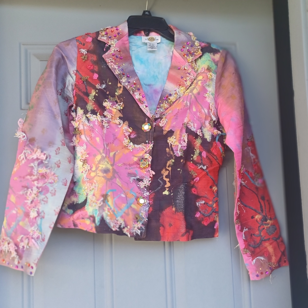 Sandy Starkman multi pink sequins, fringe beaded jacket xs